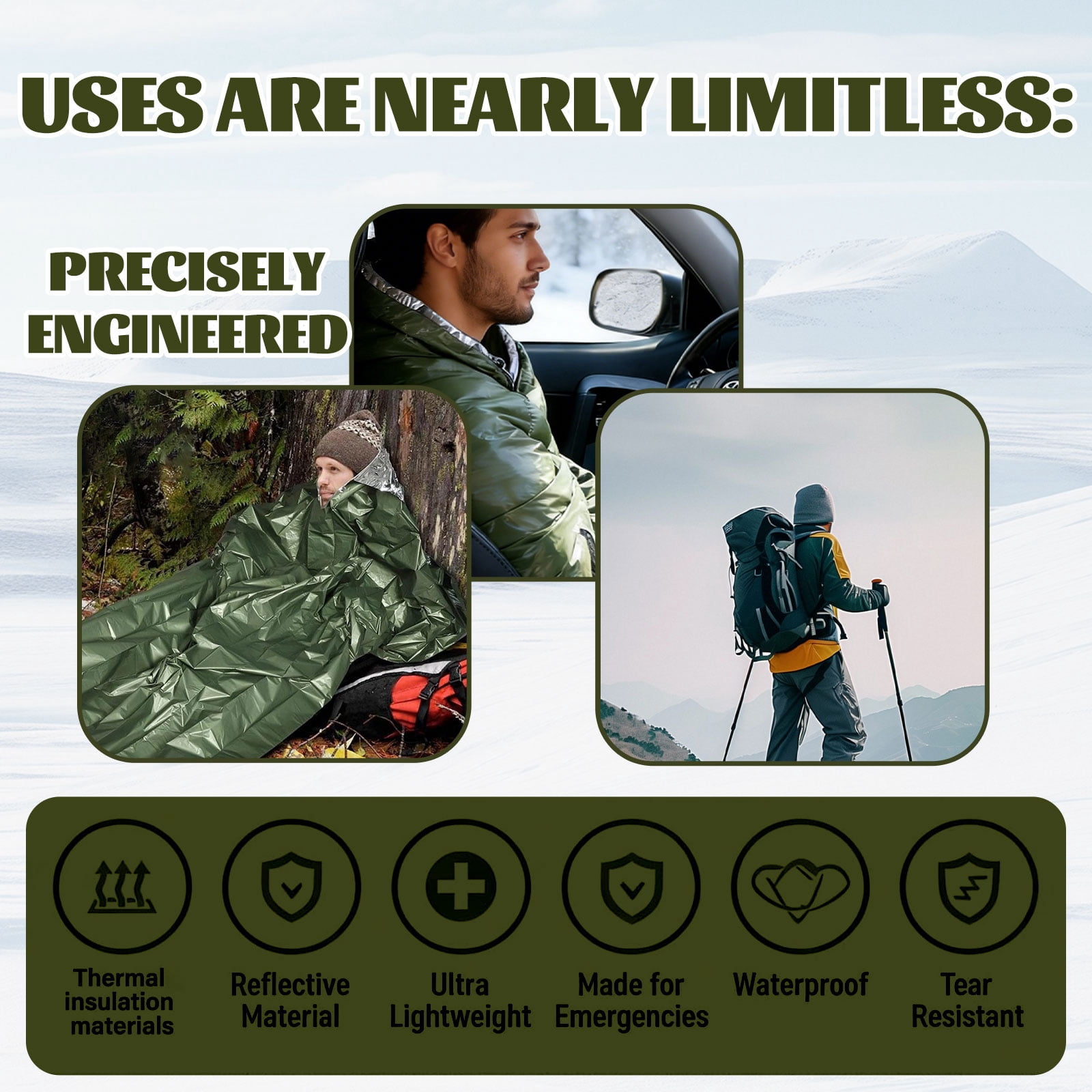 2-Pack Blanket, Sleeping Bag, Emergency Sleeping Bag Survival, Waterproof, Compact Lightweight, Emergency Mat for Survival Kit Car Camping Gear Hiking Go (2, Green)