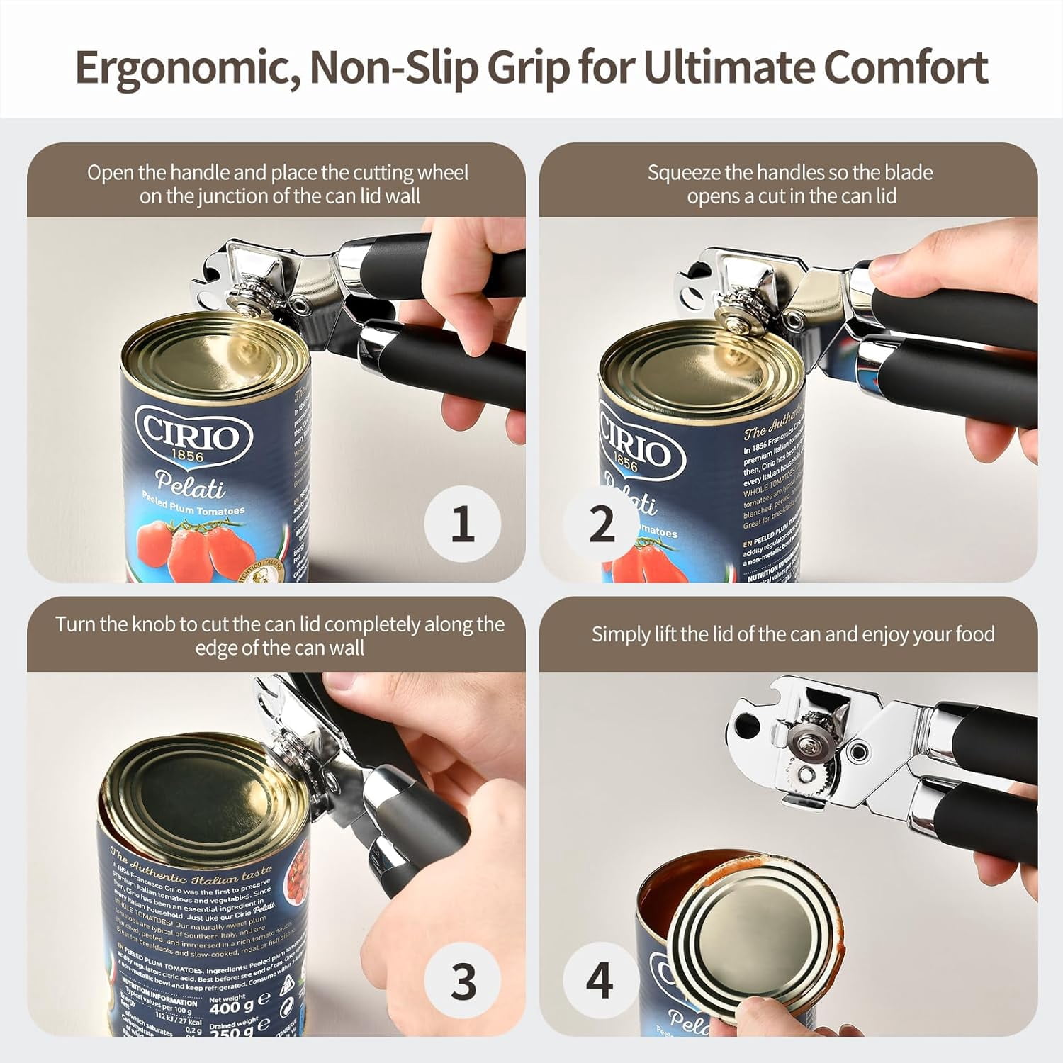 Heavy Duty Stainless Steel Smooth Edge Manual Can Opener and Bottle Openers, Soft Ergonomic Handle, Oversized Handheld Easy Turn Knob, Multifunctional Kitchen Tool, Black