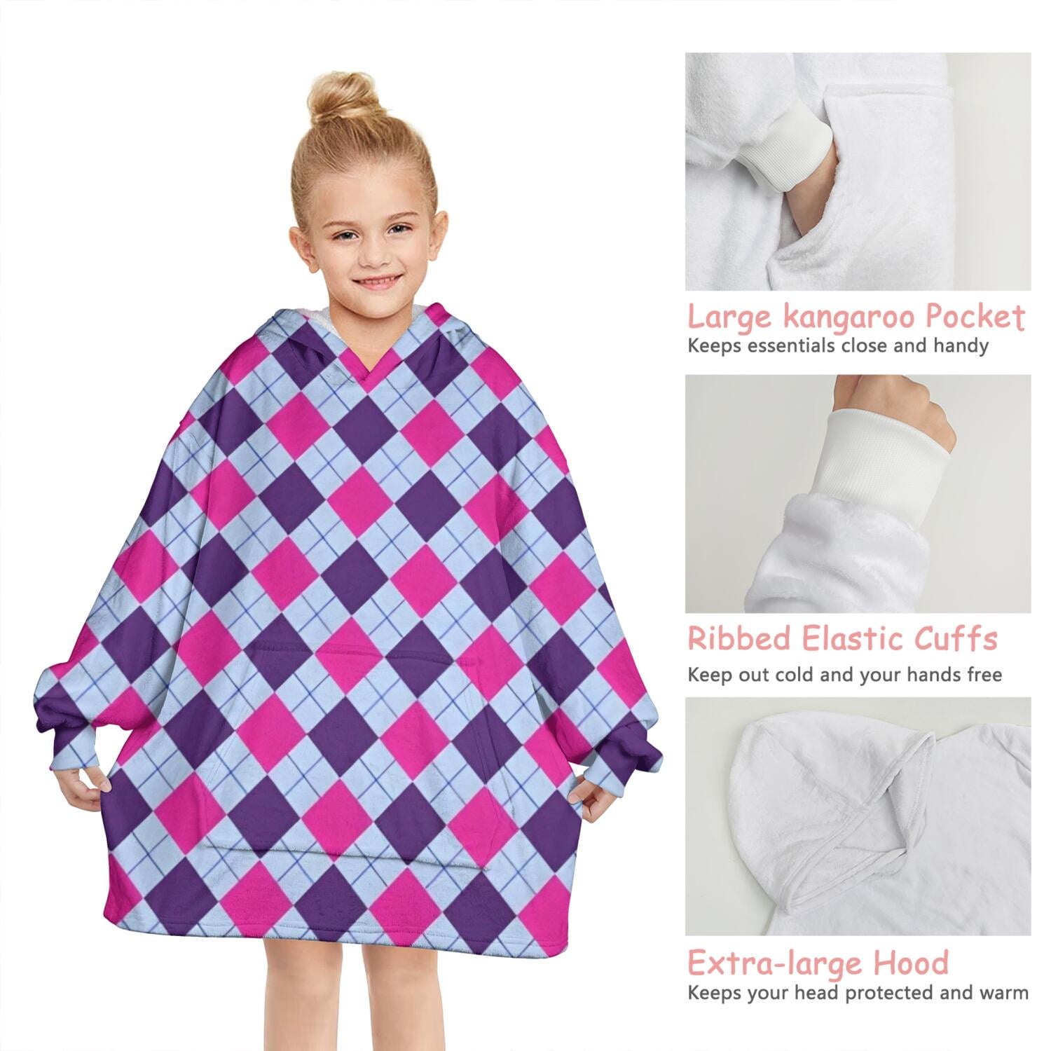 Pink Purple Checkered Pattern Blanket Hoodies for Kids 6-13YR Oversize Wearable Blanket Hoodies for Boys Girls Teens