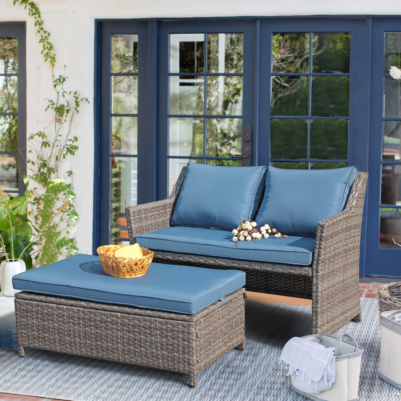 OC Orange-Casual 2-Piece Outdoor Patio Furniture Wicker Love-seat and Coffee Table Set, with Built-in Storage Bin, Grey Rattan, Navy Blue Cushions