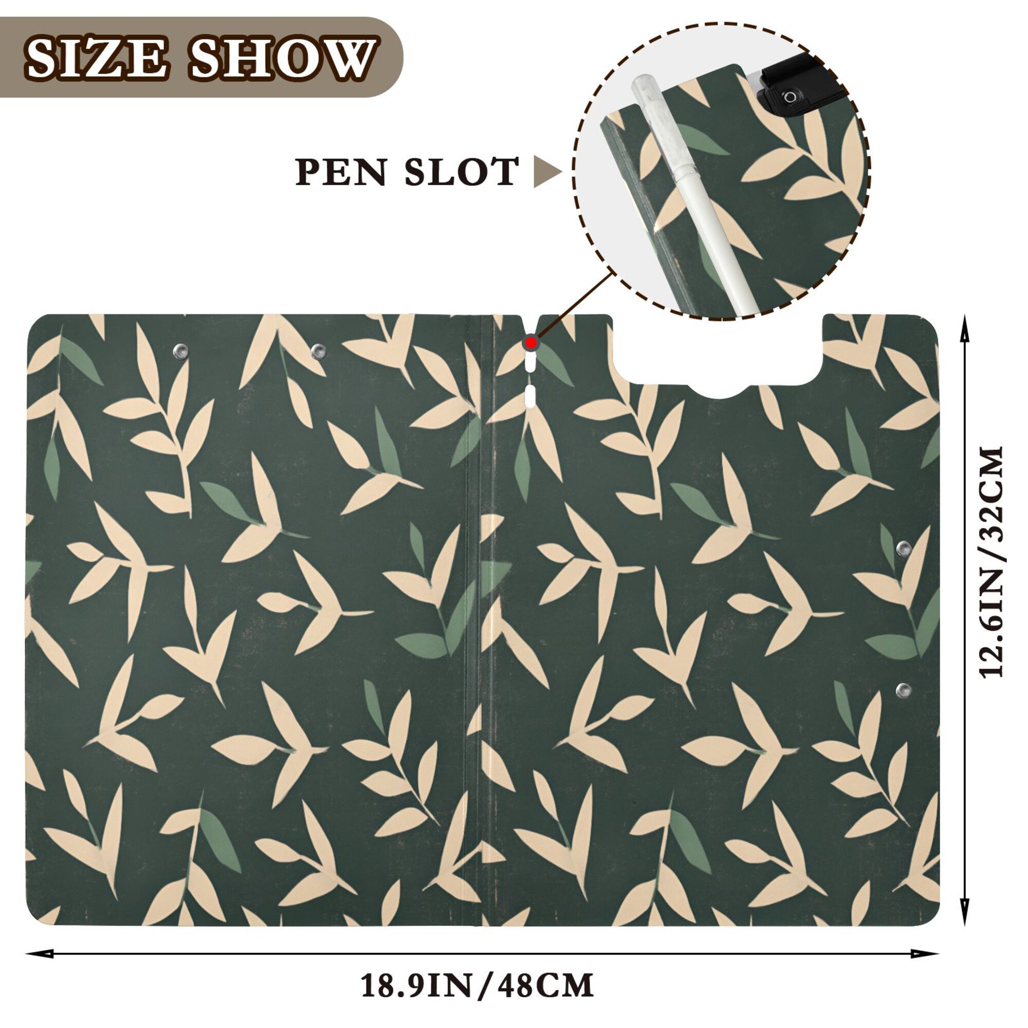 FORMRS A4 Clipboard Folder with Pen Holder Horizontal Foldable School Office Binder, Green Leaves