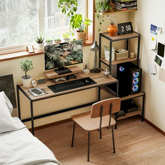 HOMCOM 67" Computer Desk with Monitor Stand, 4-Tier Reversible Home Office Desk with Printer Shelf or CPU Stand, Industrial Writing Desk, Brown