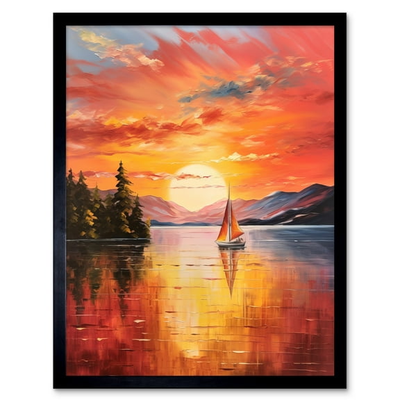 Serene Lake Sunset Sailing Vibrant Oil Painting Sail Boat Lakeside Mountain Landscape Art Print Framed Poster Wall Decor 12x16 inch
