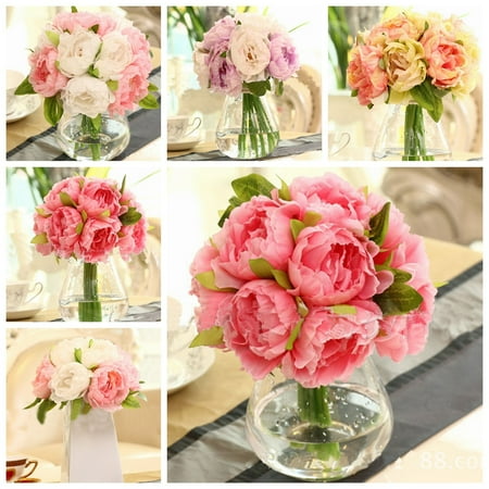 - Artificial Peony Silk Flowers 10 Heads with Leaf Bouquet Wedding Bridal Bridesmaid Party Garden Decor