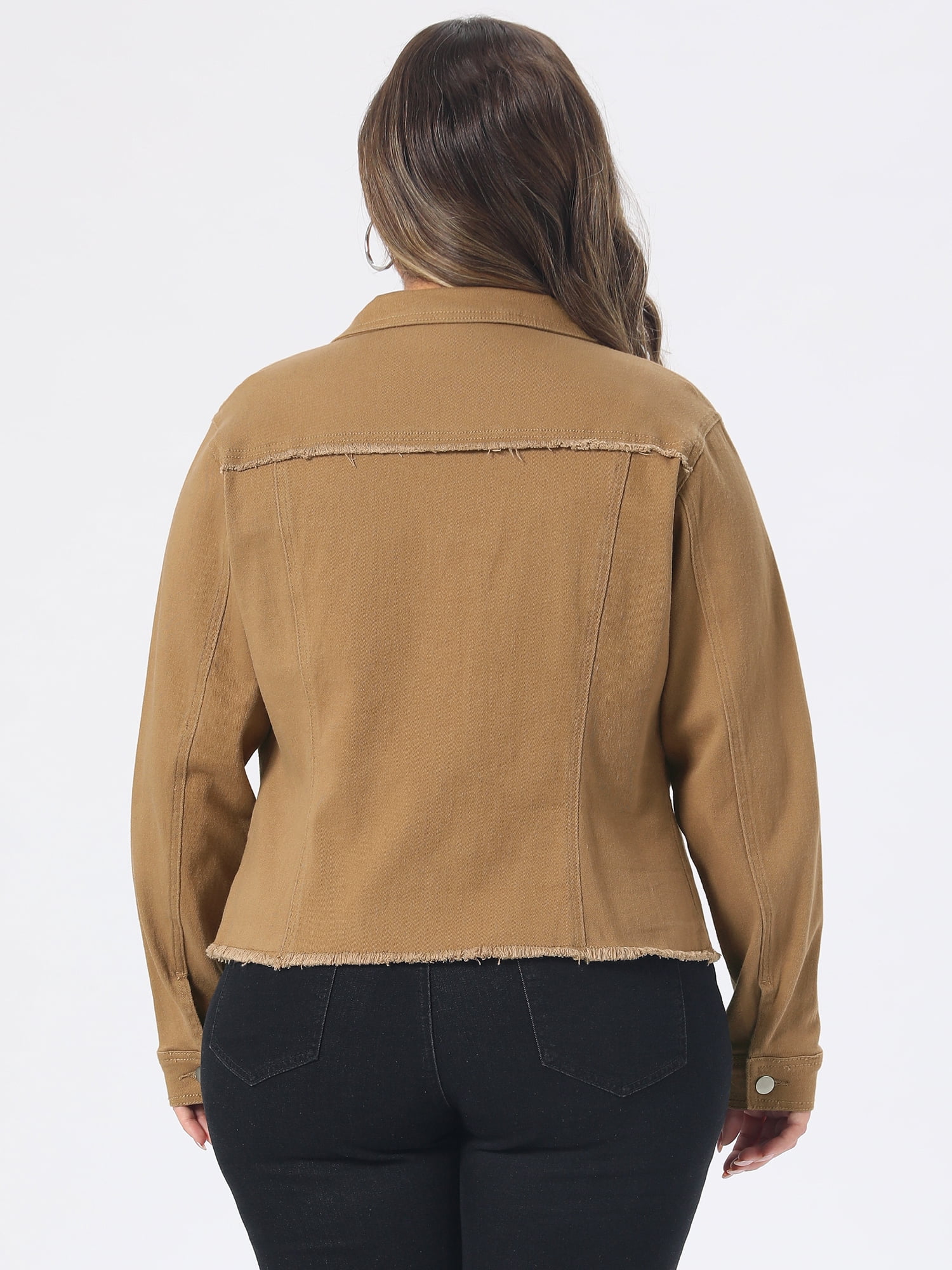DARING DIVA Women's Plus Size Washed Front Frayed Classic Denim Jacket 1X Light Brown