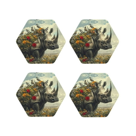 

Drink Coasters Set of 4 Floral Rhino With Birds Leather Coasters for Coffee Table Protector Heat Resistant Cute Coasters for Home Decor Housewarming Gifts Bar Kitchen 4 Inch Hexagon