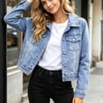 thumbnail image 4 of Sahpxhe Jean Jacket Women Lapel Collar Button Down Long Sleeve Denim Cropped Fitted Jacket Casual Trendy Outerwear Streetwear Blue S, 4 of 9