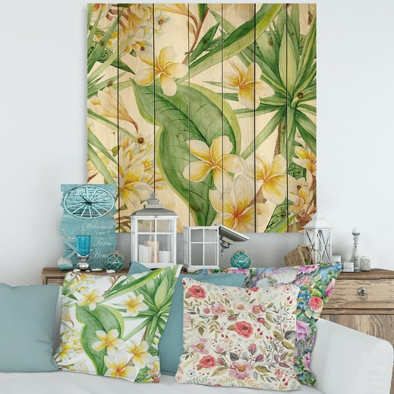 Designart 'Yellow Flowers and Tropical Foliage VII' Modern Print on Natural Pine Wood