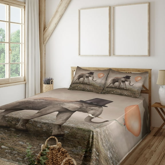 Ambesonne Surreal Fitted & Top Sheet Set with Shams, Illusionist, Orange Black Taupe