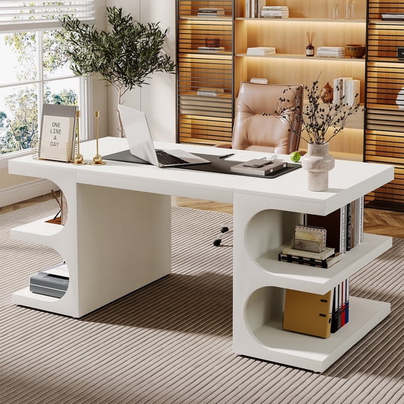 Finmind 63" Modern Executive Office Desk with Storage Shelves, Home Computer Desk, White
