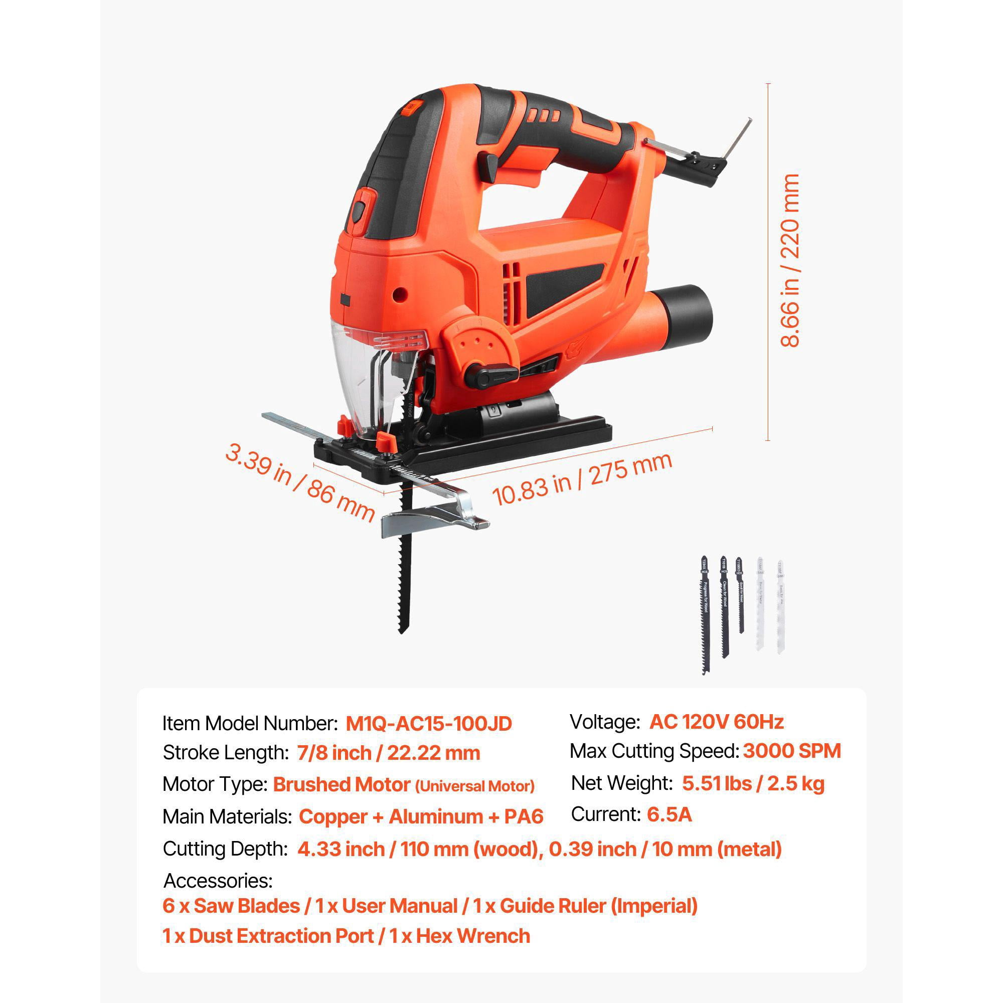 6.5 Amp 3000 SPM Electric Jigsaw with 6 Blades LED Light 6 Variable Speed 0-45 Degree Bevel Cuts 4 Orbital Settings for Wood and Metal Cutting