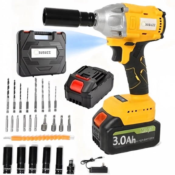 SUSUZI 21V Cordless Impact Wrench 1/2 Inch Drive, 380Nm (280 ft-lbs) Brushless Power Impact Wrench with 2 x 3.0Ah Batteries, 5 Impact Sockets, Drill Bits & Carry Case