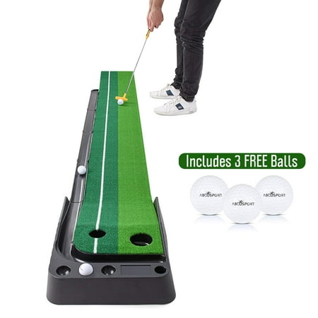 Indoor Golf Putting Practice Mat – Auto Ball Return Function – Life-Like Portable Golf Court Real-Like Grass – Extra-Long Golf Mat – 3 Bonus