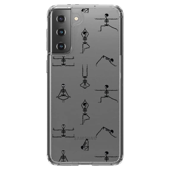 DistinctInk Clear Shockproof Hybrid Case for Galaxy S21  PLUS 5G (6.7" Screen) - TPU Bumper, Acrylic Back, Tempered Glass Screen Protector - Yoga Skeletons