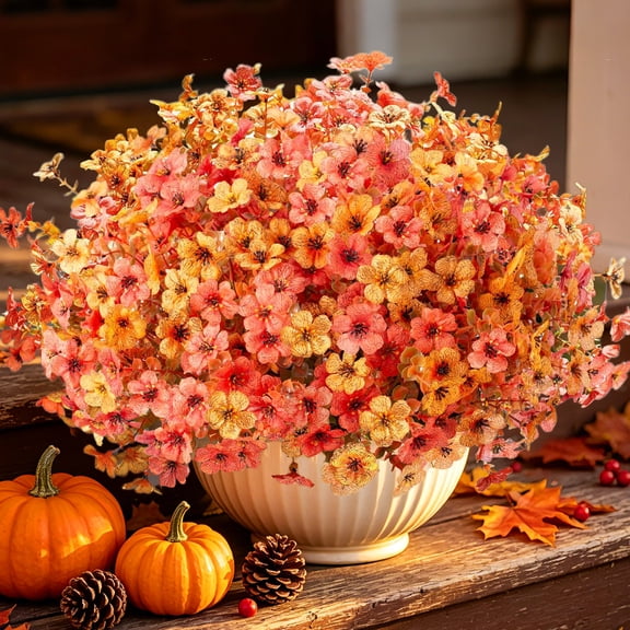 Lumikrypt 12 Bundles Artificial Fall Flowers, Autumn Faux Mums for Outdoor, UV Resistant & Fade Resistant, Fake Daisy with Eucalyptus Leaves for Garden Porch Decor, Silk Faux, Orange Yellow