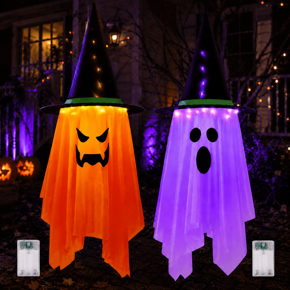 Tarvako Halloween Decorations, 2 Pcs Large Halloween Lighted Glowing Ghost Witch Hats, Hanging Ghost Ornaments for Indoor Outdoor, Garden, Tree, Yard Party Decor