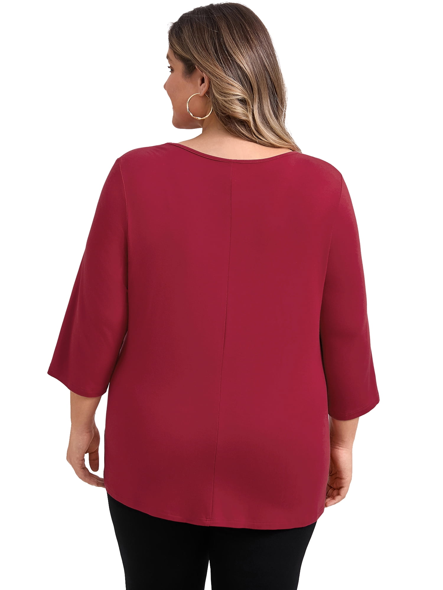 DARING DIVA Women's Plus Crew Neck 3/4 Sleeve Waist Pleated Blouse 4X Red