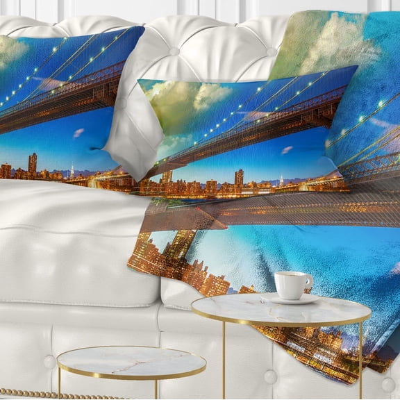 Designart Brooklyn Bridge with Cloud in Sky - Cityscape Photo Throw Pillow - 12x20