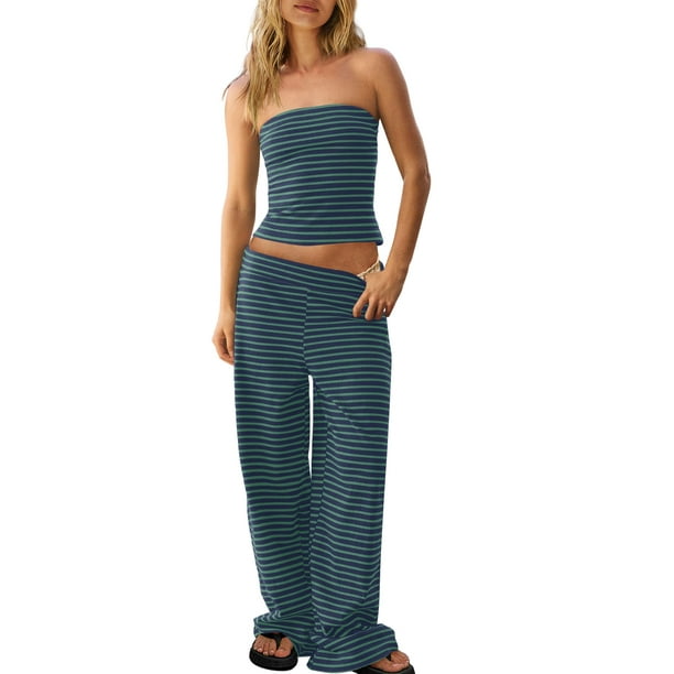 Set de dos piezas Panadila, top y pantalones estilo marinero a rayas para mujer