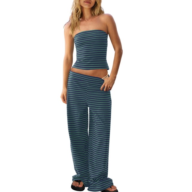 Set de dos piezas Panadila, top y pantalones estilo marinero a rayas para mujer