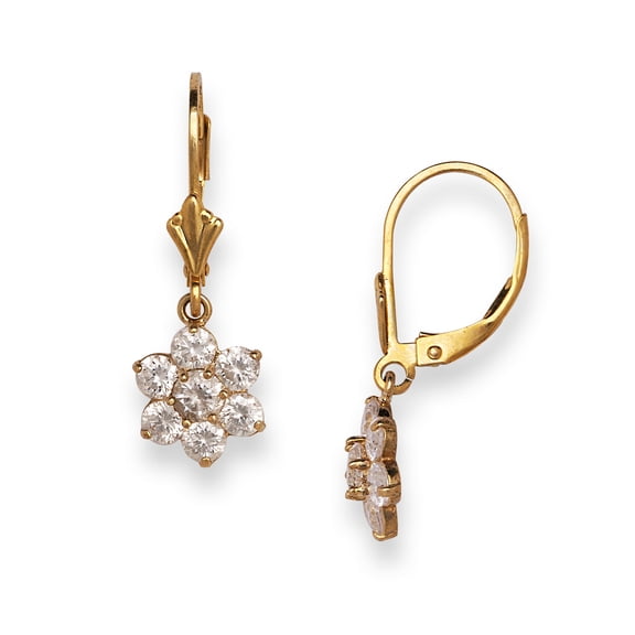 14k Yellow Gold Cubic Zirconia Flower Cluster Dangling Drop Leverback Earrings (7mm X 25mm) Stud Earring for Women