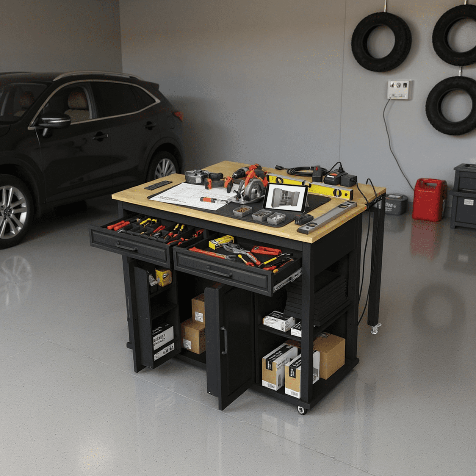 Homy Casa 47" Garage Cabinet with Internal Storage Rack, Power Outlet, Adjustable Shelves, Black