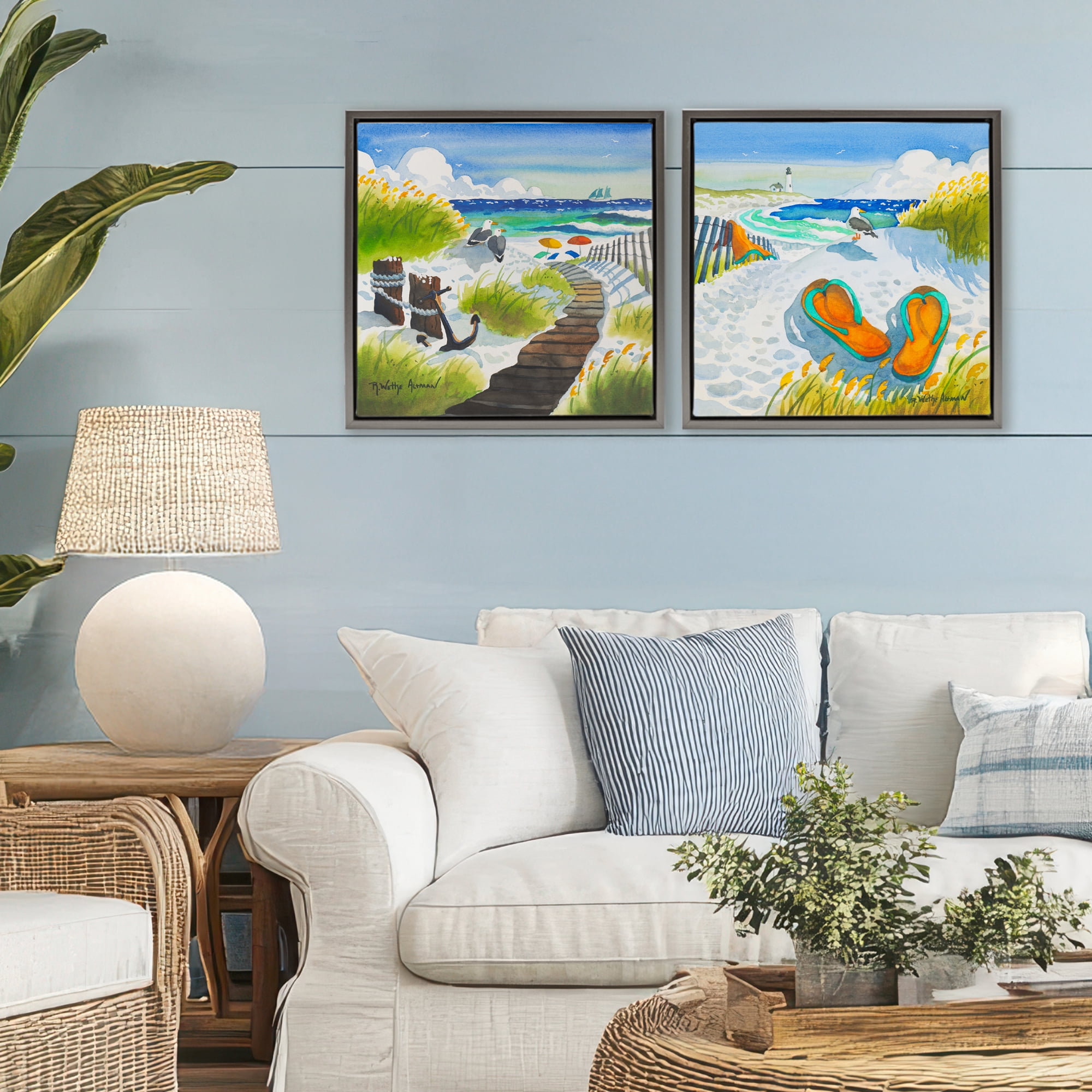 Stupell Industries Boardwalk Through Beach Scenery 2 Piece Gray Framed Floater Canvas Set, design by Robin Altman