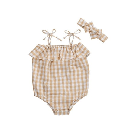 

Thaisu Baby Girl s Summer Plaid Romper Cotton Straped Ruffled Tank Bodysuit +Headband Outfits 0-2Y