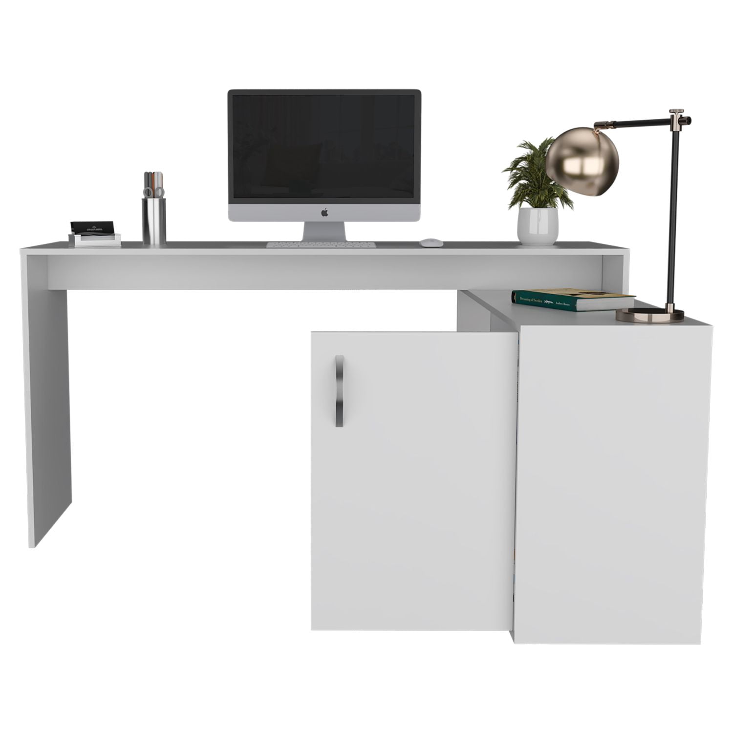 Asteroutdoor L-Shaped Desk, White, Corner Office Desk with Shelves and Cabinet