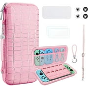 homicozy Carrying Case for Nintendo Switch OLED,Switch Accessories Set with Cute Protective Case,Soft TPU Cover, Screen Protector,Adjustable Strap,Thumb Grip Caps (Pink Crocodile)