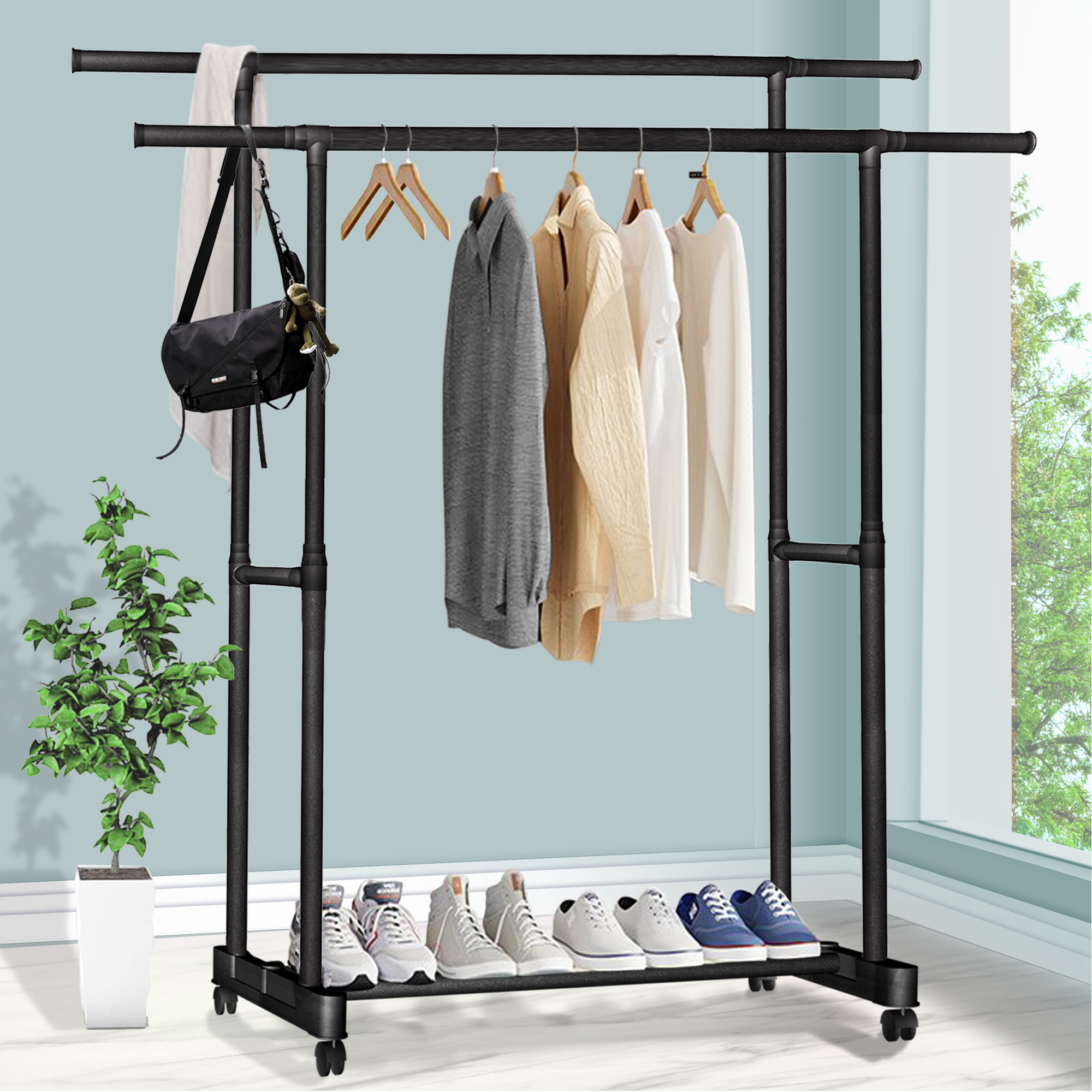 ROMUCHE Garment Rack Metal Double Rod Clothes Rack Portable Rolling