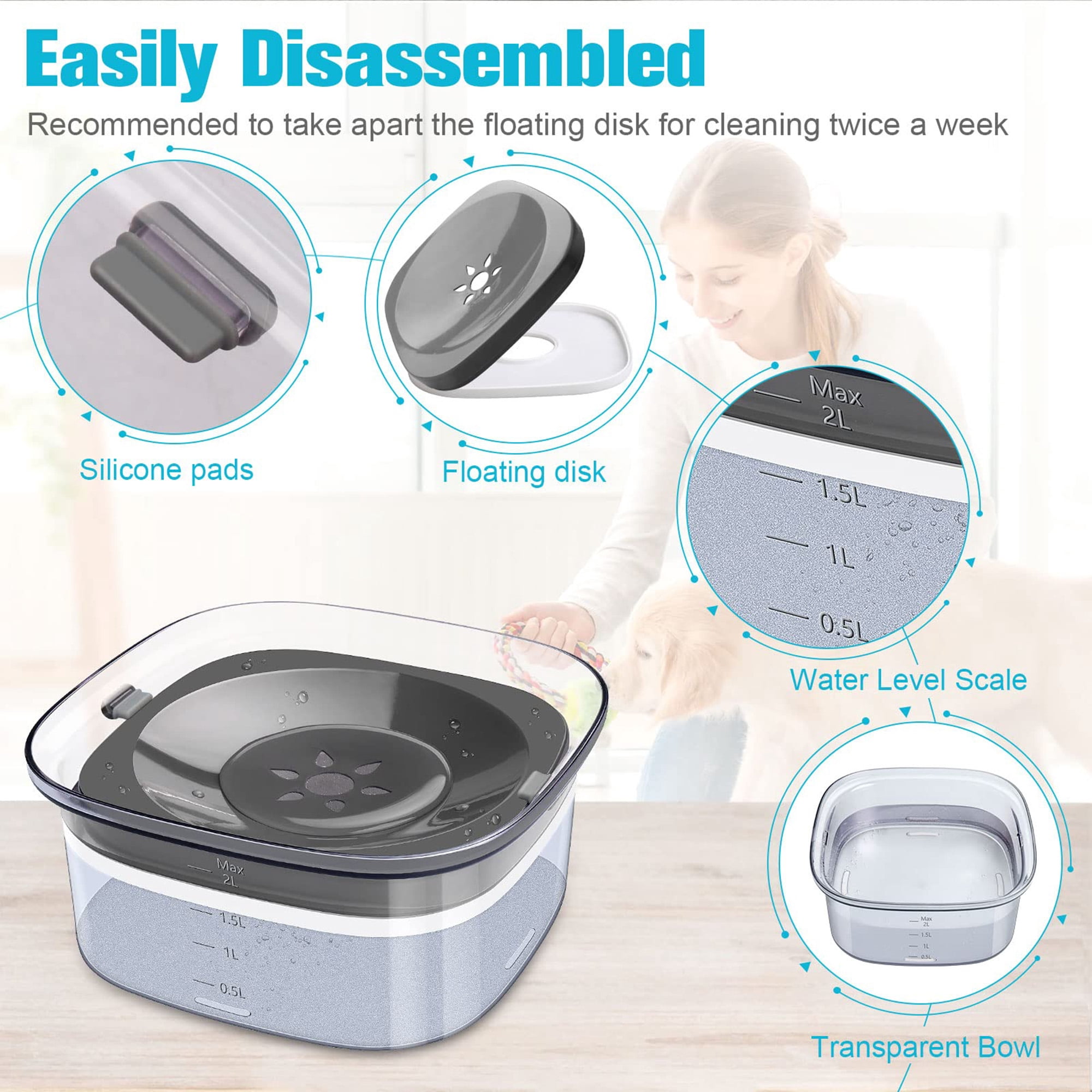 Large 70oz No Spill Dog Water Bowl, 2L Spill Proof Slow Feeder Pet Bowl with Floating Disk, Trael Friendly Slip Design for Messy Drinkers, Car Use, Multi Pet Homes, Gray