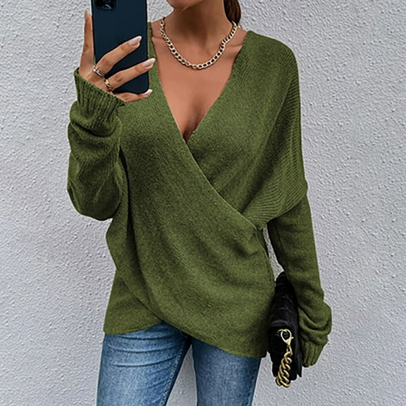 Viikei Sweaters For Women Clearance Plus Size Pullover Sweaters For Women Loose Deep V-Neck Solid Long Sleeve Tops