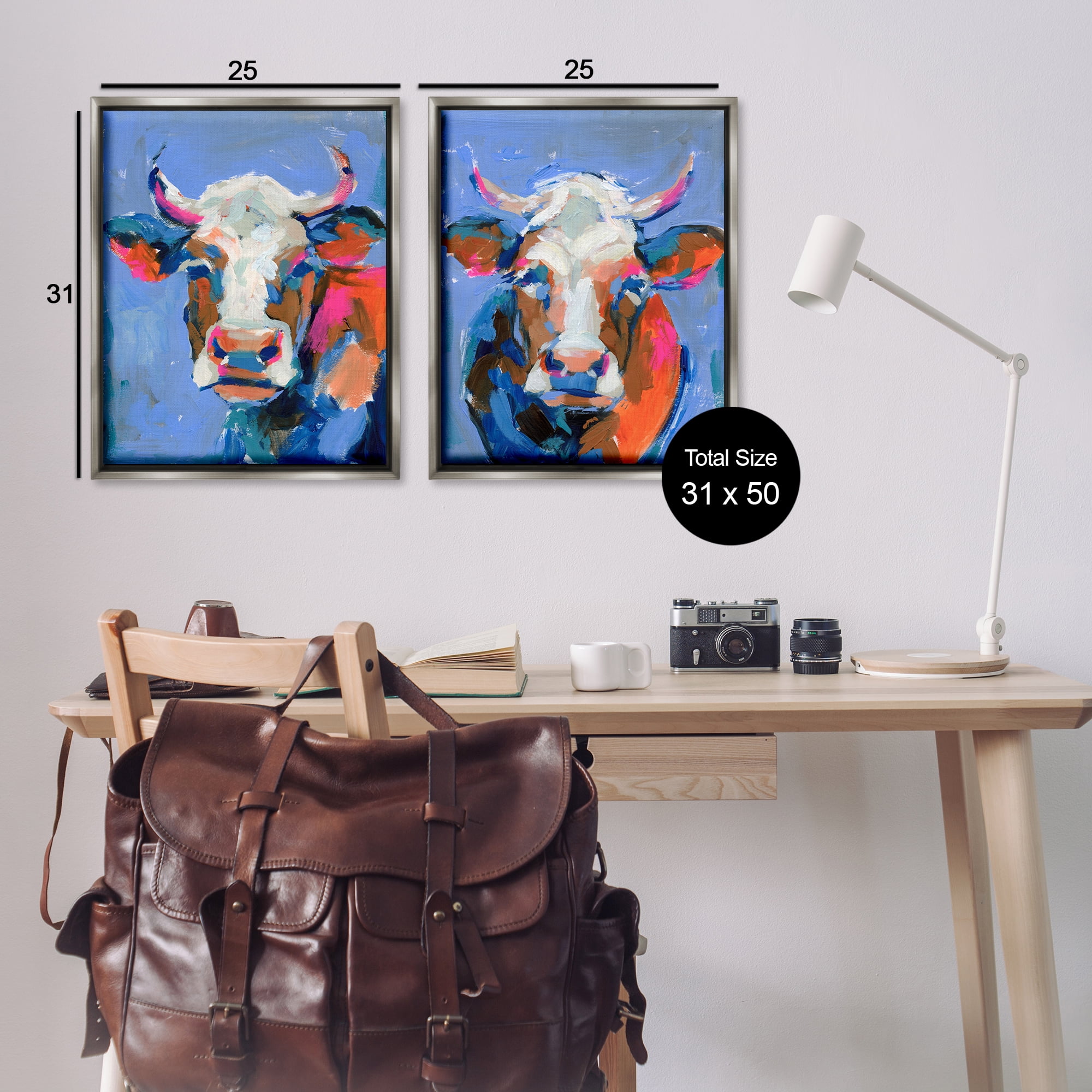 Stupell Industries Guernsey Cow Horned Portrait Animals Painting Gray Floater Framed Canvas Art Print Wall Art, 31 x 25, Set of 2