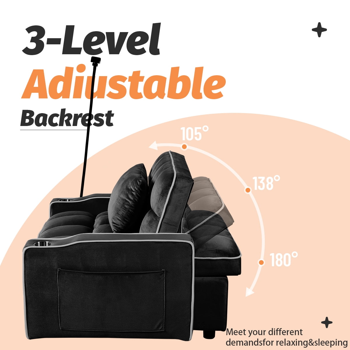 Gewnee 37.2''Convertible Sofa Bed with USB and Phone Holder,2 Cup Holders and 3 Adjustable Backrest,Suitable for Living Room,Apartment and Office.Black