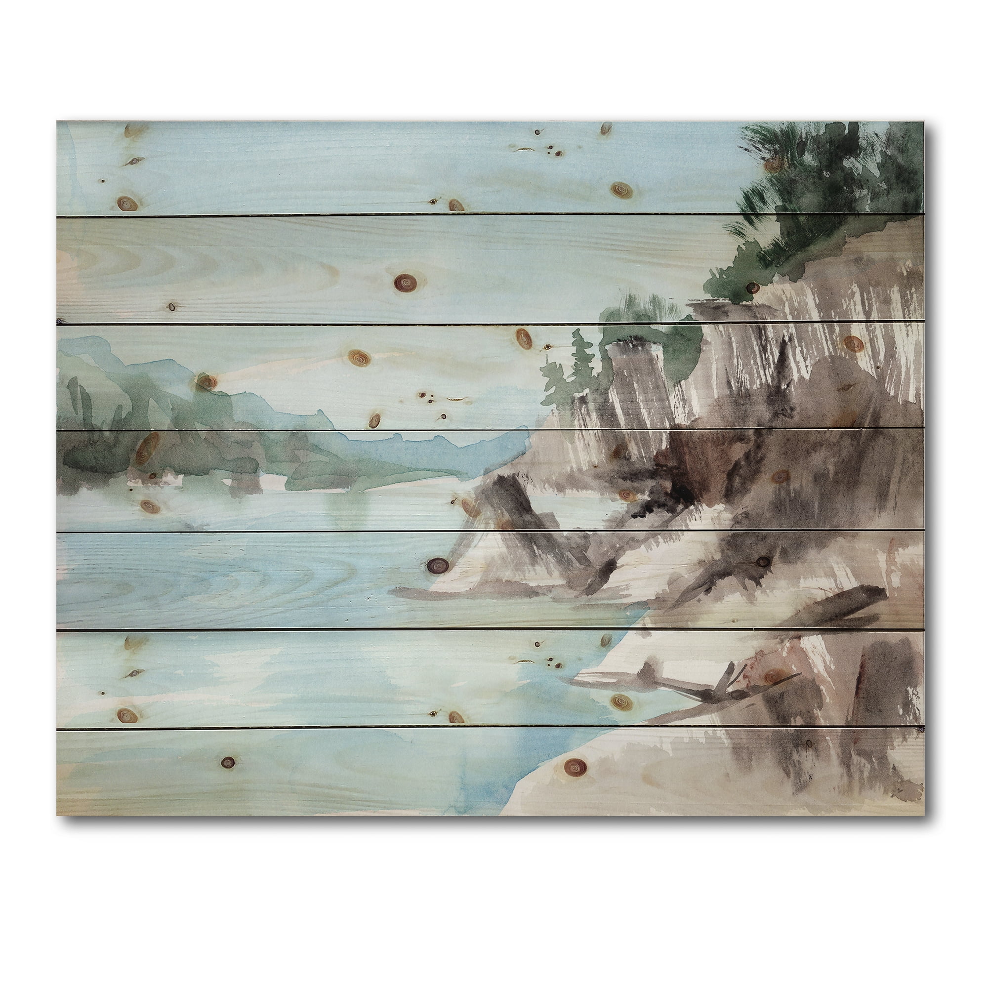 Designart 'Rocks With The Blue Lake' Lake House Print on Natural Pine Wood