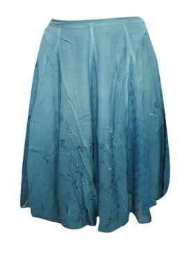 Mogul Women Blue Short Skirt Embroidered Rayon Gypsy Chic Skirts