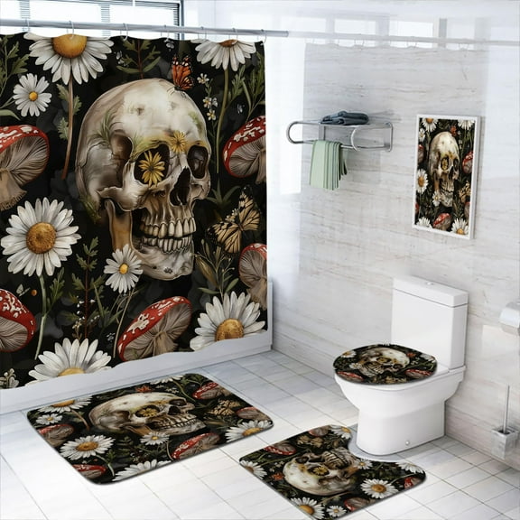 4 Pcs Skull Shower Curtain Set with Non-Slip Rugs, Toilet Lid Cover and Bath Mat Fantasy Art Cool Halloween Dreamy Shower Curtain with 12 Hooks, Durable Bathroom Decor Set