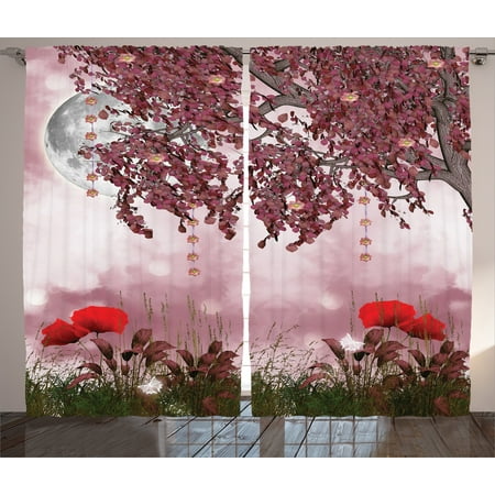 - Tree Curtains 2 Panels Set, Dream Garden with Poppies Full Moon and Floral Tree Branches Fairy Tale Paradise Scenery, Living Room Bedroom Decor, Mauve Red, by Ambesonne