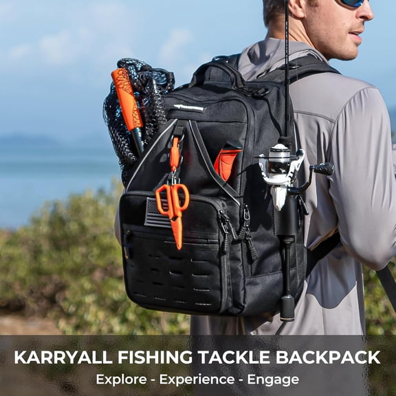 KarryAll Fishing Tackle Backpack with Rod Holder 4 Tackle Boxes,40/26L Tackle Bag Storage Fishing Gear and Equipment