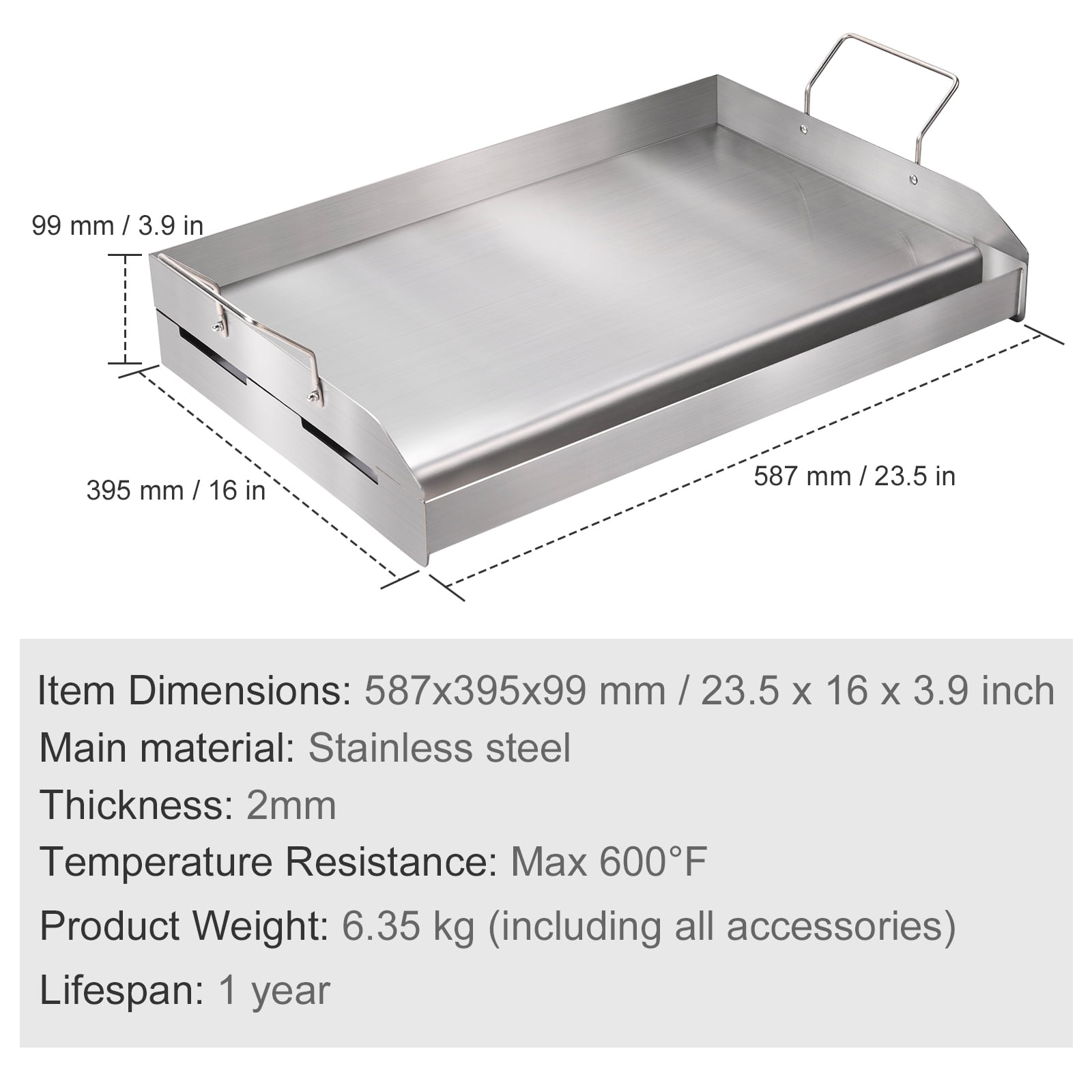 KFFKFF Cooktop Griddle, 23.5"x16" Pre-Treated Stainless Steel Griddle, Rectangular Dual Burner Griddle Pan, Non-Adhesive Family Pan Utensils with Handles and Oil Trench, for BBQ, Gas Grills, Silver