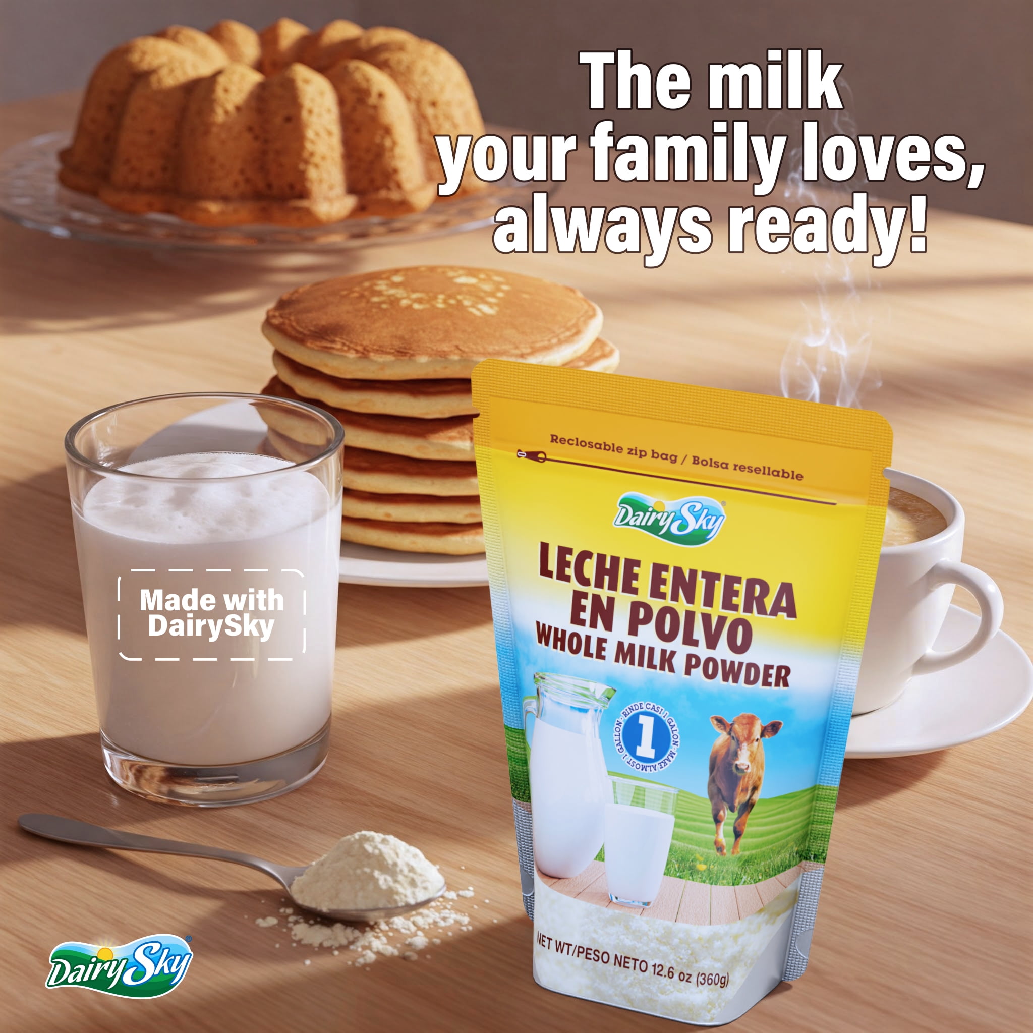 DairySky Whole Milk Powder, Original Flavor, Grade a, Non-GMO, rBST-Free, Shelf-Stable, Resealable Pouch, 12.6 oz (pack of 3)