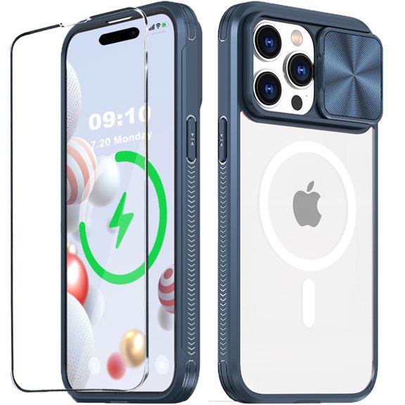 WATEFULL Compatible with iPhone 15 Pro Clear MagSafe Case with Slide Camera Cover Protector,[Action Button Access] [Strong Magnets][Anti Yellow] Shockproof Case with 1 Screen Protector(Blue)