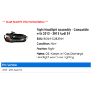Right Headlight Assembly - Compatible with 2013 - 2015 Audi S4 2014