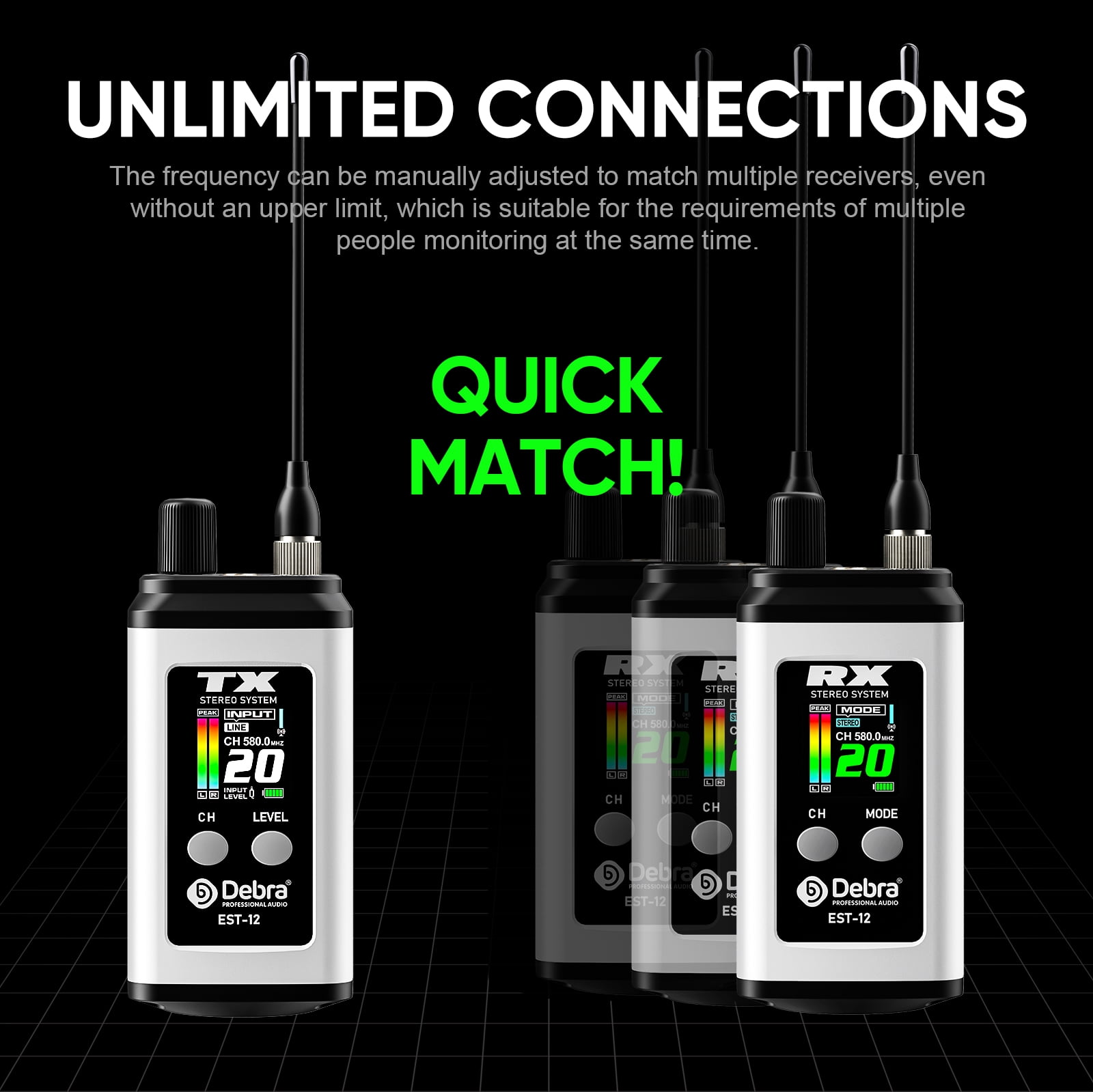 D Debra Audio PRO EST-12 UHF Stereo Mini Wireless In-Ear Monitor System, with Rechargeable Lithium Battery Monitor Type for Stage, Band, Studio, Musician, Monitor (1 Transmitter & 1 Receiver)