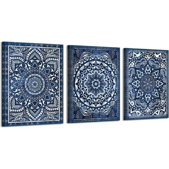 Navy Blue Wall Decor with Talavera, Mandala, and Moroccan Art Prints - Vintage Wall Art for Bohemian, and Mexican Decor - Elegant Artistic Wall Decorations for Home