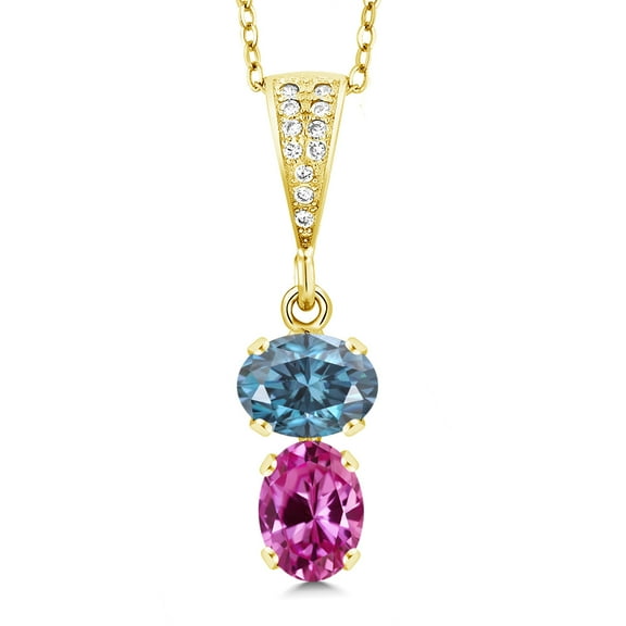 Gem Stone King 18K Yellow Gold Plated Silver Persian Blue Moissanite and Pink Created Sapphire Pendant Necklace for Women (3.10 Cttw, Gemstone, Oval 8x6MM, with 18 inch Chain)