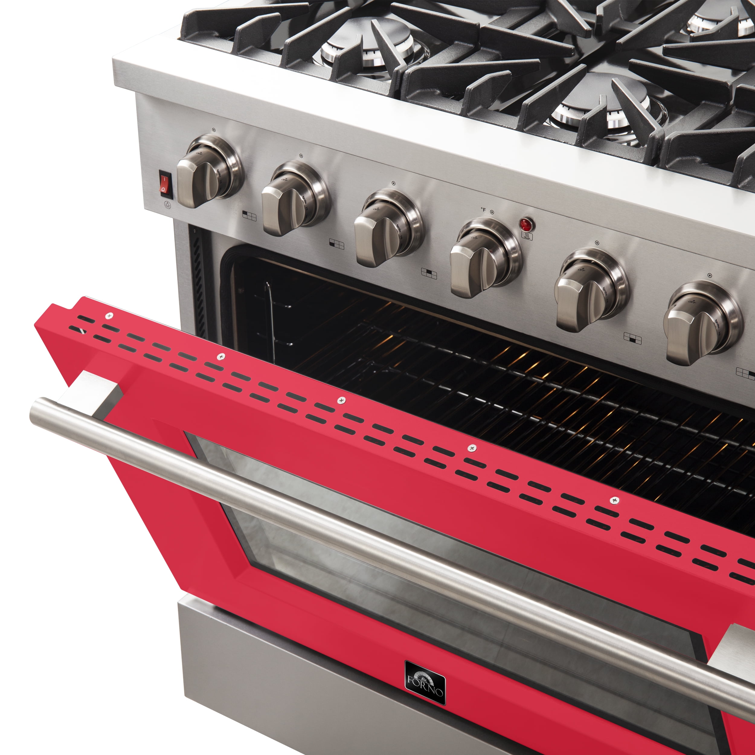 Forno Galiano 36-Inch Freestanding Gas Range, Stainless Steel, 6 Burners, Energy Efficient, Red Door