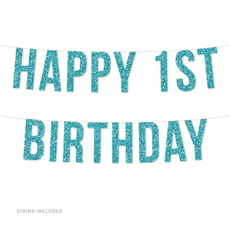 First Birthday Banners - Baby Blue Boy's Happy 1st Birthday Real Glitter Paper Pennant Hanging Banner Includes String No Assembly Required