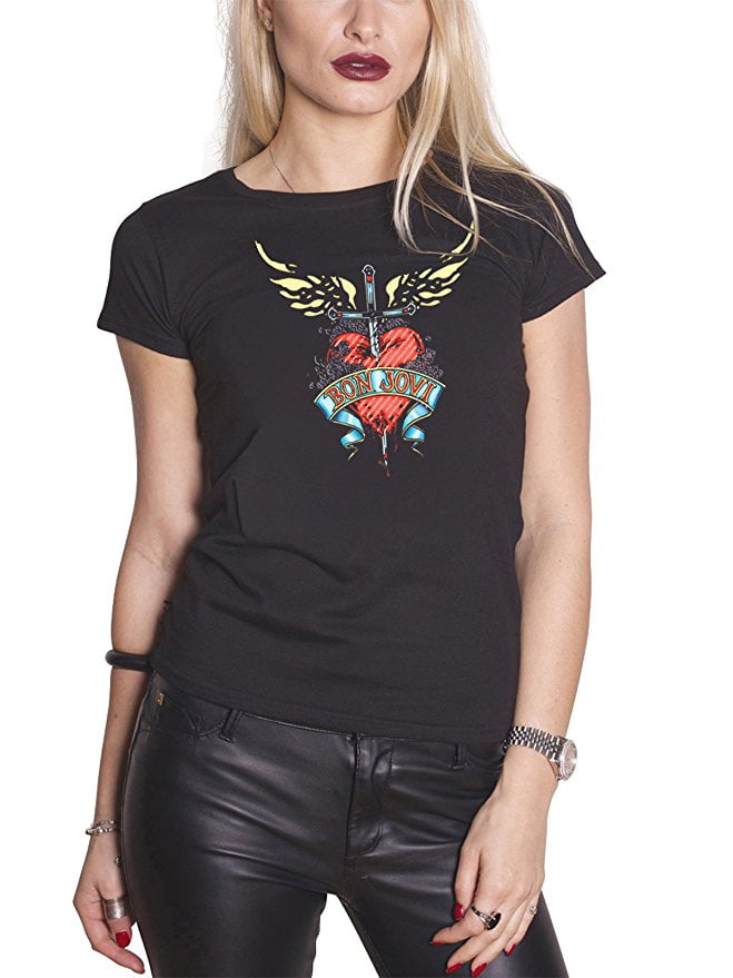 Bon Jovi Official Ladies Black Fitted T-Shirt Heart & Dagger 